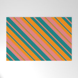 [ Thumbnail: Light Coral, Teal & Dark Orange Colored Striped Pattern Welcome Mat ]