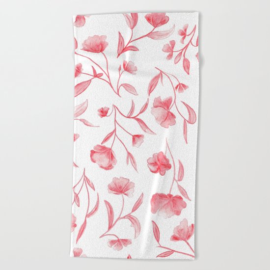 Red Watercolor Floral Pattern Beach Towel