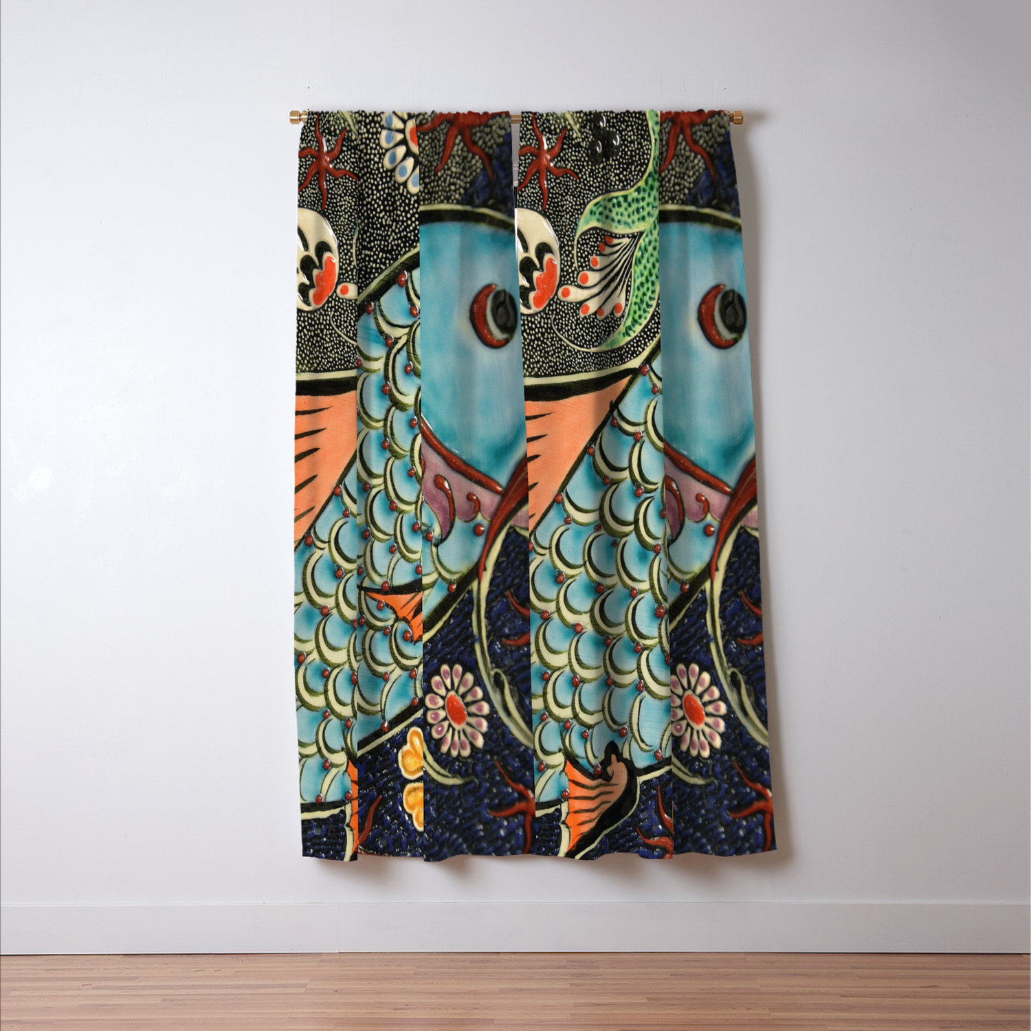 Bohemian Folk Art Orange Aqua Blue Japanese Good Luck Koi Fish