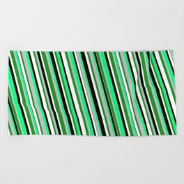 [ Thumbnail: Eye-catching Green, Grey, Forest Green, White, and Black Colored Stripes/Lines Pattern Beach Towel ]