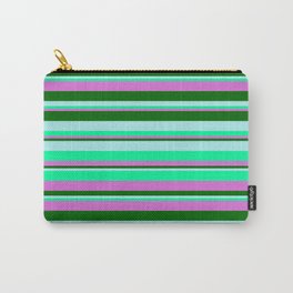 [ Thumbnail: Turquoise, Green, Orchid & Dark Green Colored Striped/Lined Pattern Carry-All Pouch ]