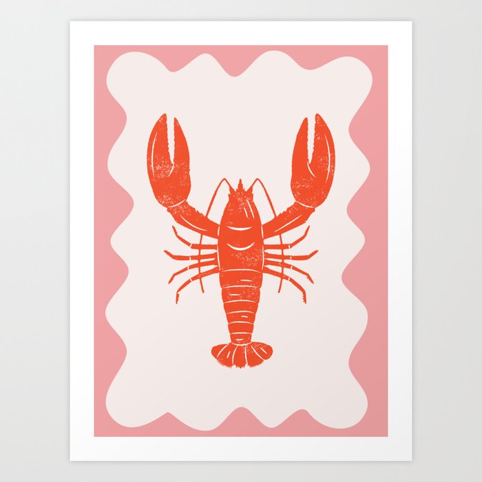 Retro Coastal Red lobster with pink wavy edge Art Print