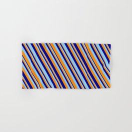 [ Thumbnail: Dark Orange, Dark Blue & Light Sky Blue Colored Lines/Stripes Pattern Hand & Bath Towel ]