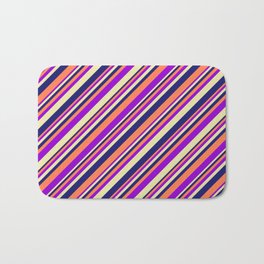 [ Thumbnail: Coral, Dark Violet, Pale Goldenrod, and Midnight Blue Colored Lined/Striped Pattern Bath Mat ]
