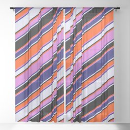 [ Thumbnail: Vibrant Red, Orchid, Midnight Blue, Lavender, and Black Colored Lines Pattern Sheer Curtain ]