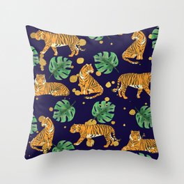 Modern Trendy Jungle Monstera and Tigers with Gold Spots Pattern Throw Pillow