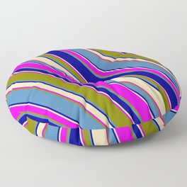 [ Thumbnail: Blue, Dark Blue, Tan, Fuchsia, and Green Colored Stripes/Lines Pattern Floor Pillow ]
