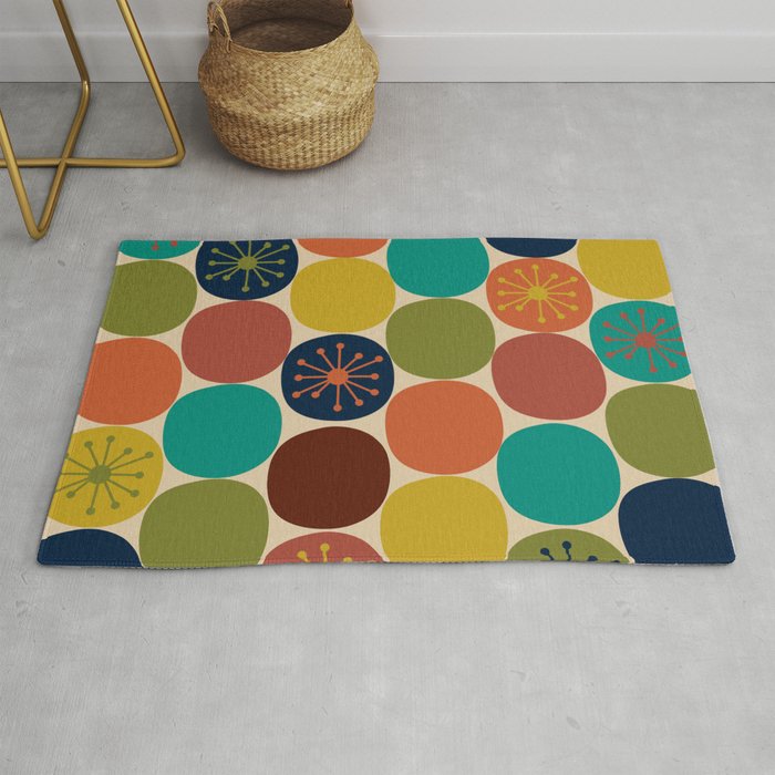 Midcentury Modern Atomic Dot Semi Pattern in Mustard, Olive, Orange, Turquoise, Blue, and Beige Rug