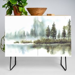 Aesthetic Reflection Of Pine Trees In Lake Watercolor Credenza