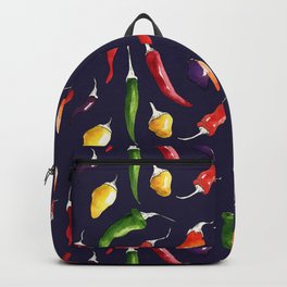 Ink and watercolor hot chillies pattern on navy background Backpack | Green, Foodillustration, Vegan, Food, Orange, Chili, Spicy, Vegtables, Watercolour, Kitchendecor 
