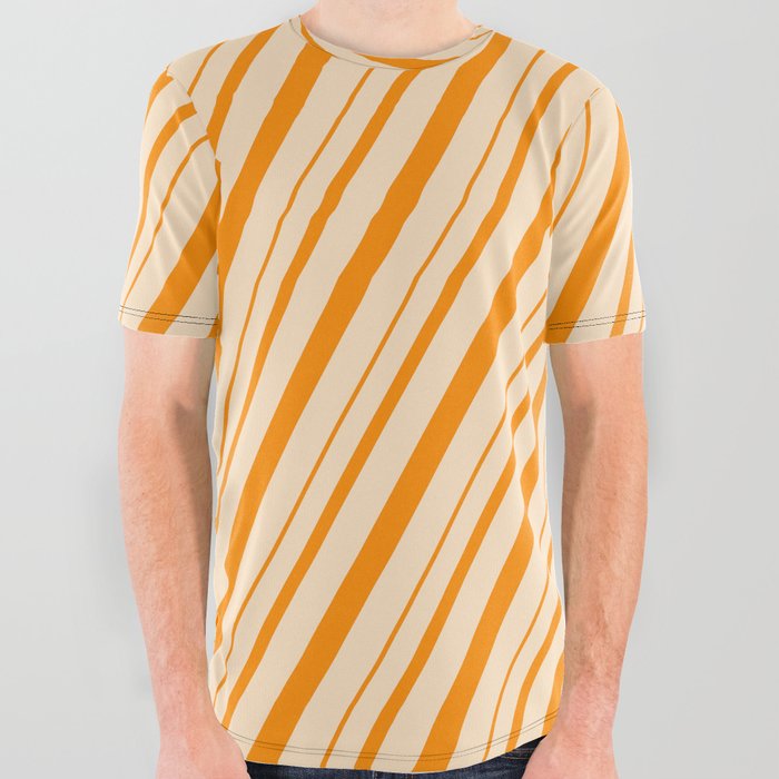Bisque and Dark Orange Colored Lines/Stripes Pattern All Over Graphic Tee