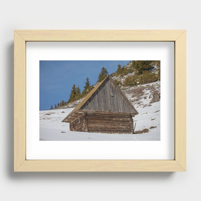 Old mountain house with Carpathian mountains in the background Recessed Framed Print