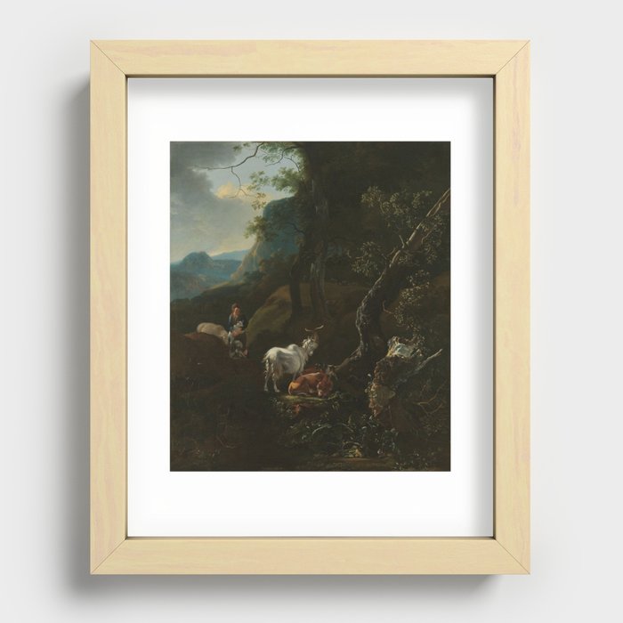 A Sherpherdess with Animals in a Mountainous Landscape, Adam Pijnacker, 1649 - 1673 Recessed Framed Print