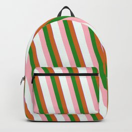 [ Thumbnail: Orchid, Chocolate, Forest Green, Light Pink & Mint Cream Colored Striped/Lined Pattern Backpack ]