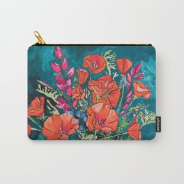California Poppy and Wildflower Bouquet on Emerald with Tigers Still Life Painting Carry-All Pouch
