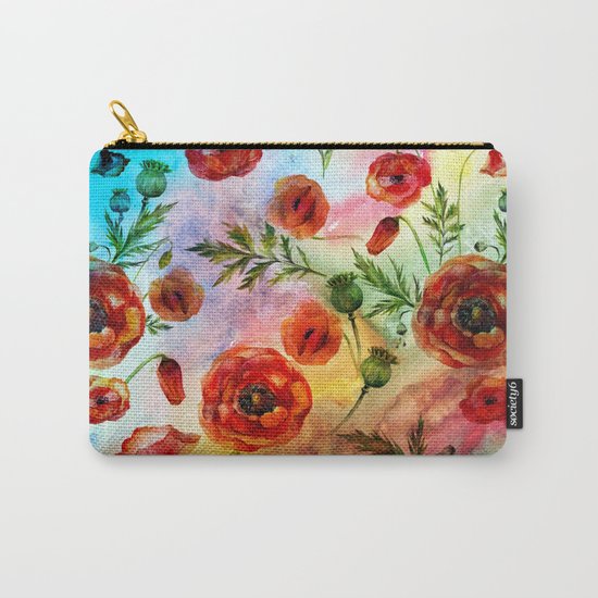 Poppy LOVE pattern- Poppies and Flowers on colorful watercolor background on #Society6 Carry-All Pouch