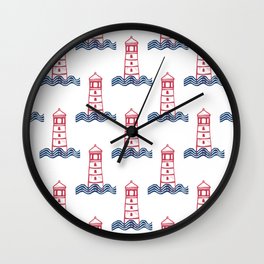 Red and Blue Graphic Lighthouse & Waves Linocut  Wall Clock