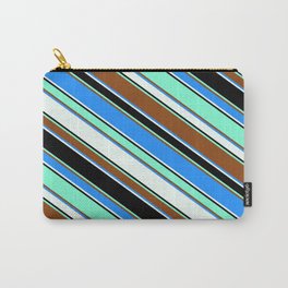 [ Thumbnail: Colorful Brown, Blue, Mint Cream, Black & Aquamarine Colored Striped Pattern Carry-All Pouch ]