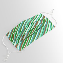 [ Thumbnail: Colorful Light Sea Green, Brown, Aquamarine, Green & Mint Cream Colored Lined/Striped Pattern Face Mask ]