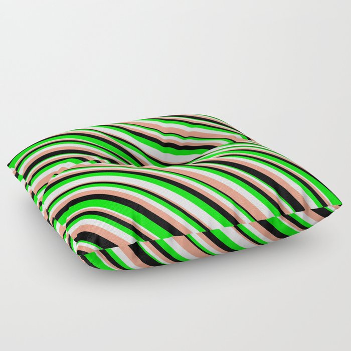 Lime, White, Dark Salmon, and Black Colored Pattern of Stripes Floor Pillow