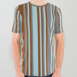[ Thumbnail: Brown, Powder Blue & Grey Colored Stripes/Lines Pattern All Over Graphic Tee ]
