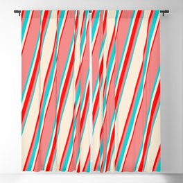 [ Thumbnail: Light Coral, Dark Turquoise, Beige & Red Colored Lines/Stripes Pattern Blackout Curtain ]