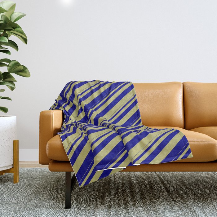 Dark Khaki and Blue Colored Lines Pattern Throw Blanket