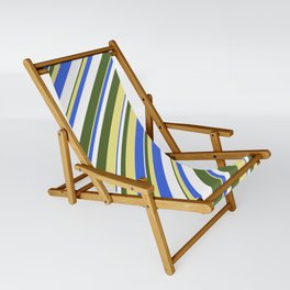 [ Thumbnail: Dark Olive Green, Tan, Royal Blue, and White Colored Stripes Pattern Sling Chair ]