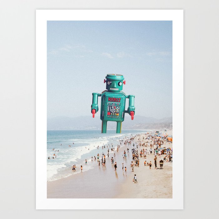 Playing robot at beach Art Print