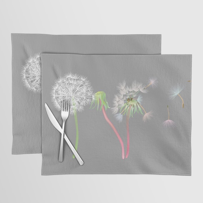 Blow Dandelion on white background. Isolated wild plant and flying seeds. Placemat