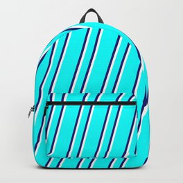 [ Thumbnail: Aqua, Midnight Blue, and White Colored Stripes Pattern Backpack ]