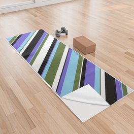 [ Thumbnail: Dark Olive Green, Sky Blue, Slate Blue, Black, and White Colored Lined Pattern Yoga Towel ]