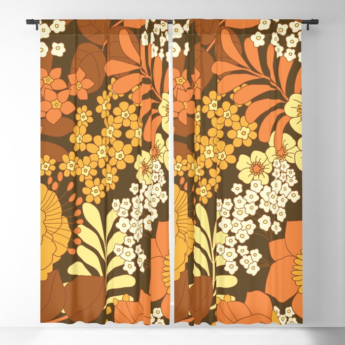 Brown, Yellow, Orange & Ivory Retro Flowers Blackout Curtain