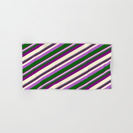 [ Thumbnail: Orchid, Dark Green, Purple, and Light Yellow Colored Stripes Pattern Hand & Bath Towel ]