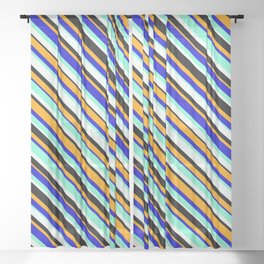 [ Thumbnail: Vibrant Mint Cream, Black, Orange, Blue & Aquamarine Colored Lined/Striped Pattern Sheer Curtain ]