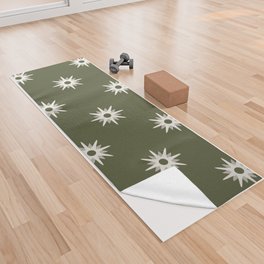 Olive green atomic mid century white stars pattern Yoga Towel