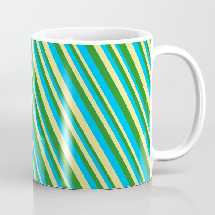 Deep Sky Blue, Tan & Forest Green Colored Striped Pattern Coffee Mug