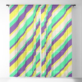 [ Thumbnail: Indigo, Yellow, Beige & Green Colored Pattern of Stripes Sheer Curtain ]