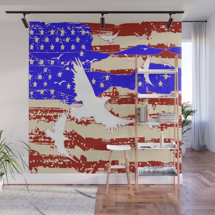 AMERICANA FLAG & WHITE EAGLES FROM  SOCIETY6 BY SHARLESART. Wall Mural