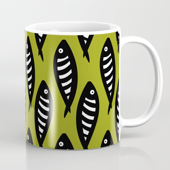 Abstract black and white fish pattern Lime green Coffee Mug