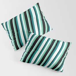 [ Thumbnail: Aquamarine, Black, Teal, and Mint Cream Colored Lined Pattern Pillow Sham ]