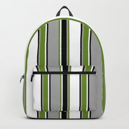 [ Thumbnail: Dark Gray, Green, White & Black Colored Lines/Stripes Pattern Backpack ]