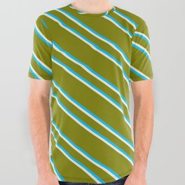 [ Thumbnail: Green, Deep Sky Blue & Beige Colored Striped/Lined Pattern All Over Graphic Tee ]