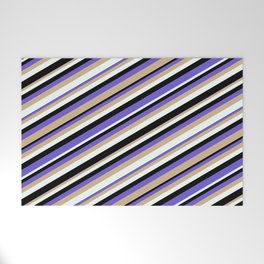 [ Thumbnail: Black, Slate Blue, Tan, and Mint Cream Colored Stripes Pattern Welcome Mat ]