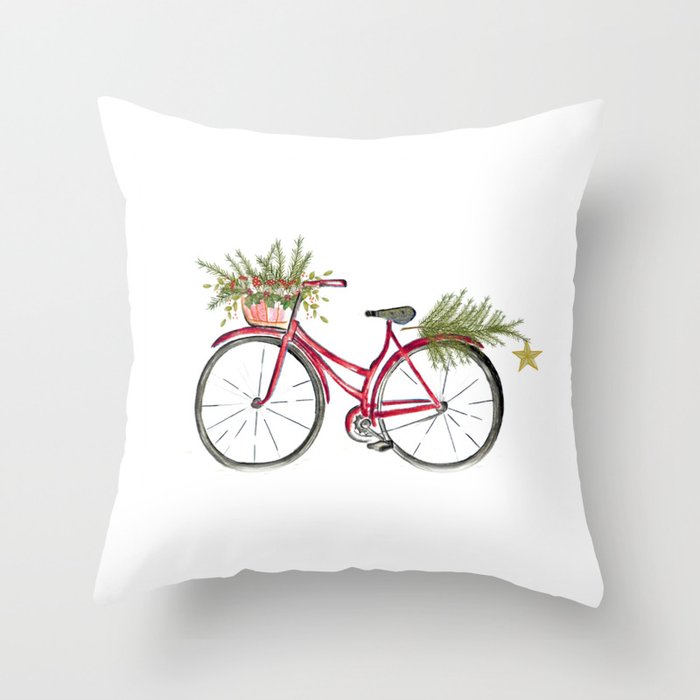 Red Christmas Bicycle Throw Pillow