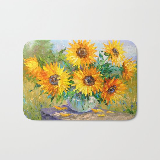 Bouquet of sunflowers on the table Bath Mat