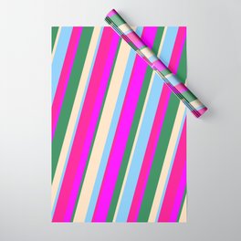 [ Thumbnail: Vibrant Light Sky Blue, Deep Pink, Fuchsia, Sea Green, and Bisque Colored Stripes/Lines Pattern Wrapping Paper ]