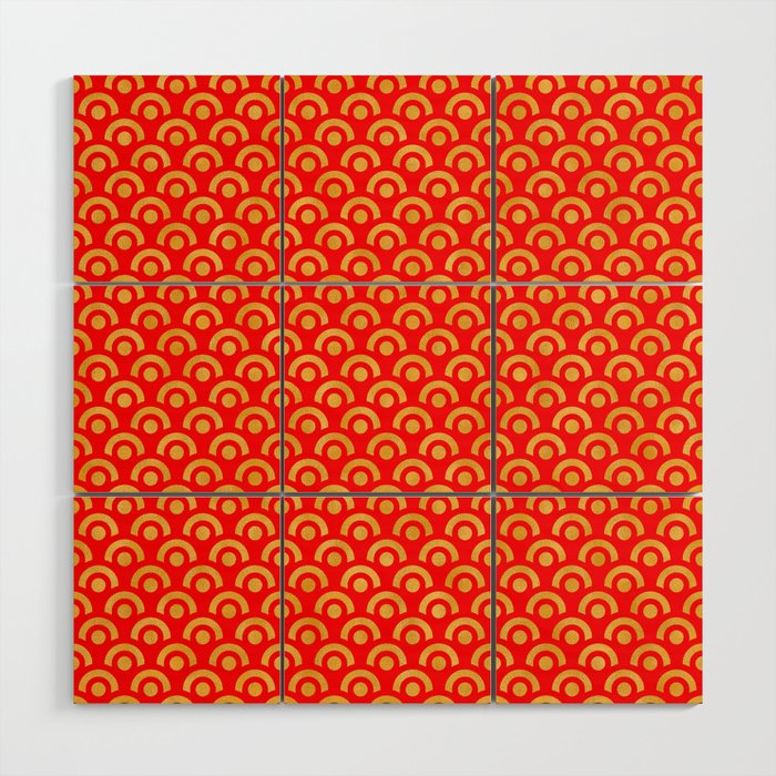 Gold And Red Dots Waves Collection Wood Wall Art
