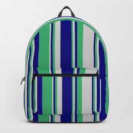 [ Thumbnail: Blue, Sea Green, and Light Grey Colored Lines/Stripes Pattern Backpack ]