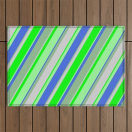 [ Thumbnail: Eyecatching Dark Sea Green, Light Gray, Lime, Green, and Royal Blue Colored Striped Pattern Outdoor Rug ]